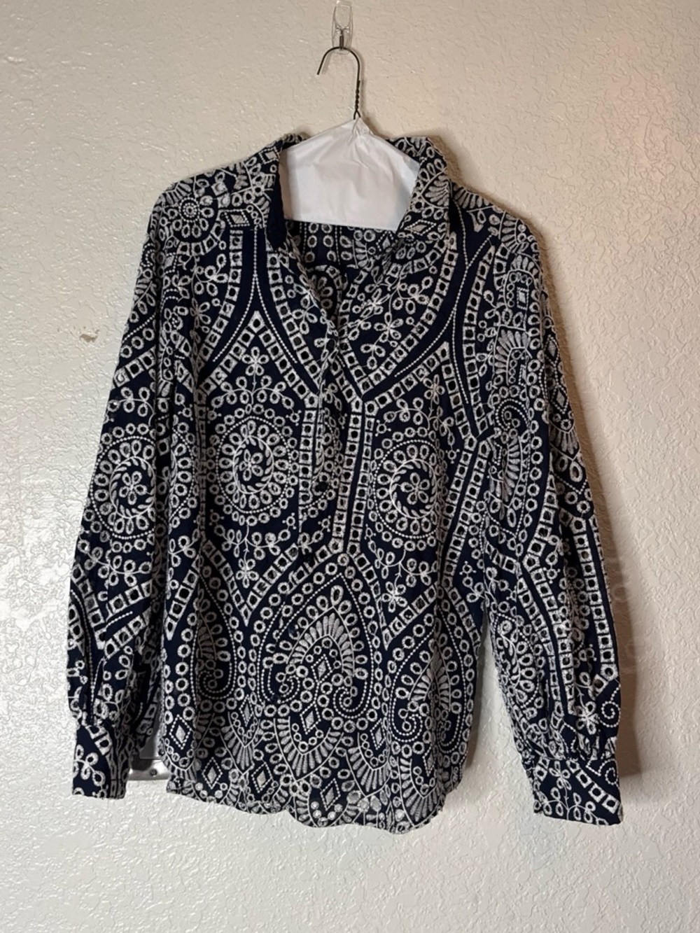 Chico's Navy and White Embroidered Eyelet Jacket